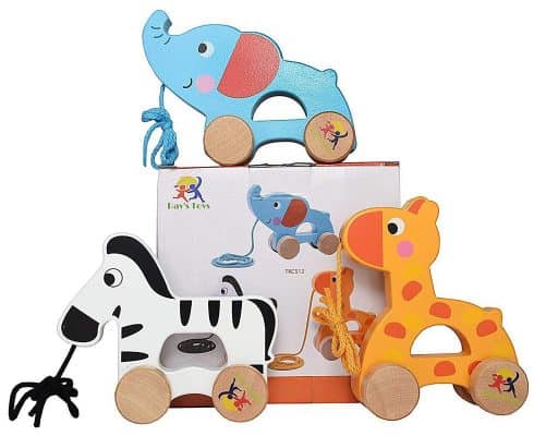 木製拉扯玩具套裝，包括3個漂亮的長頸鹿，大象和斑馬